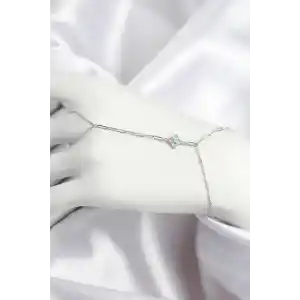 Pirinç Zirkon Taşlı Mavi Boncuklu Yonca Model Gümüş Renk Şahmeran