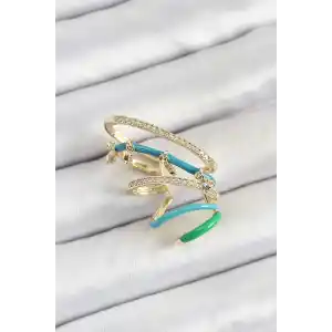 Pirinç Zirkon Taşlı Mavi Yeşil Sıkıştırma Sağ Kıkırdak Gold Renk Kadın Küpe
