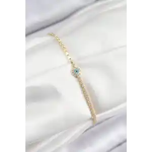 Pirinç Zirkon Taşlı Nazar Model Ezme Zincir Gold Renk Kadın Bileklik