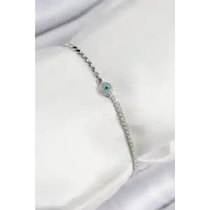 Pirinç Zirkon Taşlı Nazar Model Ezme Zincir Gümüş Renk Kadın Bileklik