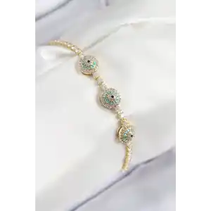 Pirinç Zirkon Taşlı Nazar Model Gold Renk Kadın Bileklik