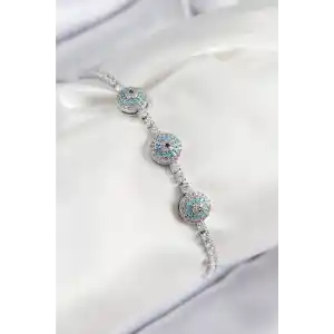 Pirinç Zirkon Taşlı Nazar Model Gümüş Renk Kadın Bileklik