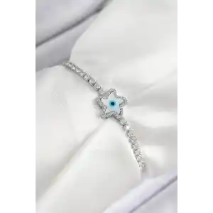 Pirinç Zirkon Taşlı Nazar Yıldız Model Gümüş Renk Asansörlü Kadın Bileklik