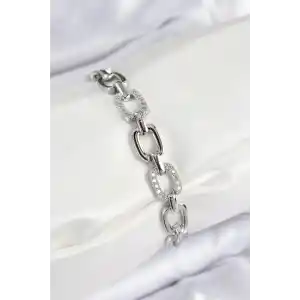 Pirinç Zirkon Taşlı Parçalı Zincir Model Gümüş Renk Kadın Bileklik