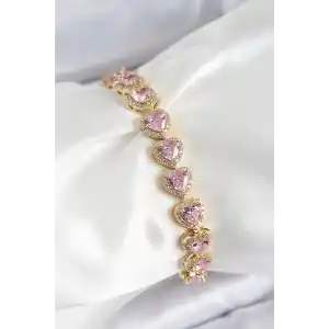 Pirinç Zirkon Taşlı Pembe Kalp Baget Model Gold Renk VIP Seri Kadın Bileklik