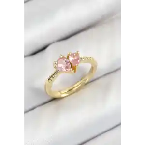 Pirinç Zirkon Taşlı Pembe Kalp Model Gold Renk Kadın Yüzük