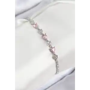 Pirinç Zirkon Taşlı Pembe Kalp Model Gümüş Renk Kadın Bileklik