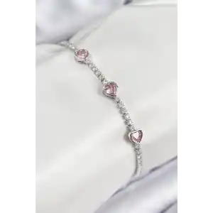 Pirinç Zirkon Taşlı Pembe Kalp Model Gümüş Renk Kadın Bileklik