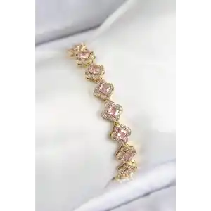 Pirinç Zirkon Taşlı Pembe Yonca Baget Model Gold Renk VIP Seri Kadın Bileklik