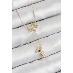 Pirinç Zirkon Taşlı Sallantılı Ayıcıklı Yıldız Model Gold Renk Kadın Kolye