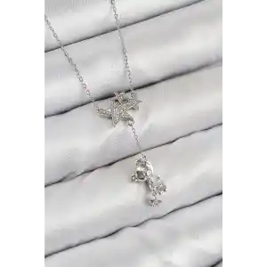 Pirinç Zirkon Taşlı Sallantılı Ayıcıklı Yıldız Model Gümüş Renk Kadın Kolye