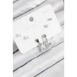Pirinç Zirkon Taşlı Sallantılı Damla Model Gümüş Renk 925 Ayar Gümüş Çivi Kadın Küpe Set