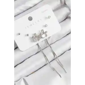 Pirinç Zirkon Taşlı Sallantılı Fiyonk Model Gümüş Renk 925 Ayar Gümüş Çivi Kadın Küpe Set