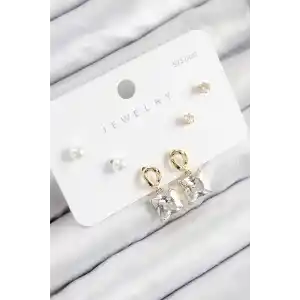 Pirinç Zirkon Taşlı Sallantılı Kare Model Gold Renk 925 Ayar Gümüş Çivi Kadın Küpe Set