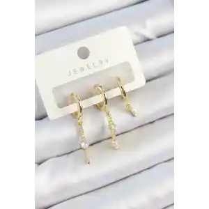 Pirinç Zirkon Taşlı Sallantılı Model Gold Renk 3lü Çift Kadın Küpe Set