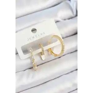 Pirinç Zirkon Taşlı Sallantılı Model Gold Renk 3lü Çift Kadın Küpe Set