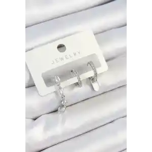 Pirinç Zirkon Taşlı Sallantılı Model Gümüş Renk 3lü Çift Kadın Küpe Set
