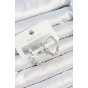 Pirinç Zirkon Taşlı Sallantılı Model Gümüş Renk 3lü Çift Kadın Küpe Set