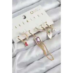 Pirinç Zirkon Taşlı Sallantılı Ve İncili Gold Renk 6lı Küpe Set