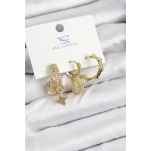 Pirinç Zİrkon Taşlı Sallantılı Yıldız Model Gold Renk 3lü Kadın Küpe