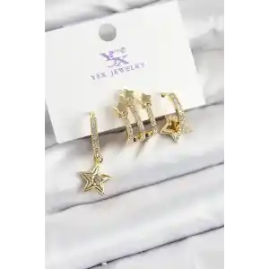 Pirinç Zİrkon Taşlı Sallantılı Yıldız Model Gold Renk 3lü Kadın Küpe
