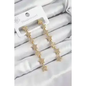 Pirinç Zirkon Taşlı Sallantılı Yıldız Model Gold Renk Kadın Küpe