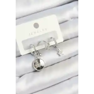 Pirinç Zirkon Taşlı Sallantılı Yıldız Model Gümüş Renk 3lü Çift Kadın Küpe Set