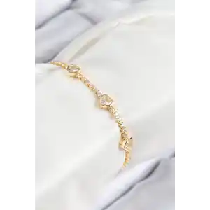 Pirinç Zirkon Taşlı Sıralı Kalp Model Gold Renk Kadın Bileklik