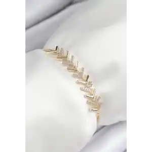 Pirinç Zirkon Taşlı Sıralı Ok Model Gold Renk Asansörlü Kadın Bileklik