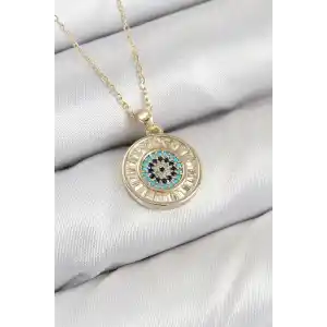 Pirinç Zirkon Taşlı Su Yolu Nazar Model Gold Renk Kadın Kolye