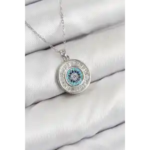 Pirinç Zirkon Taşlı Su Yolu Nazar Model Gümüş Renk Kadın Kolye