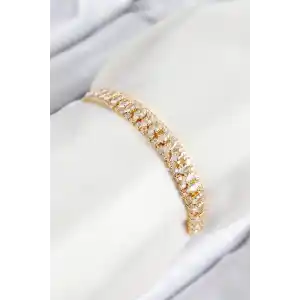 Pirinç Zirkon Taşlı Tennıs Model Gold Renk Asansörlü Kadın Bileklik