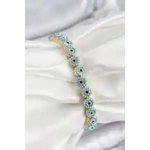 Pirinç Zirkon Taşlı Turkuaz Nazar Model Gold Renk Lastikli Kadın Bileklik