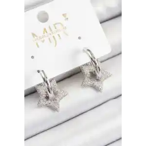 Pirinç Zirkon Taşlı Yıldız Figürlü Halka Model Gümüş Renk Kadın Küpe