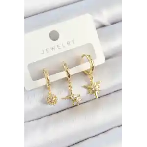 Pirinç Zirkon Taşlı Yıldız Model Gold Renk 3lü Çift Kadın Küpe Set