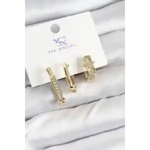 Pirinç Zİrkon Taşlı Yıldız Model Gold Renk 3lü Kadın Küpe