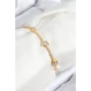 Pirinç Zirkon Taşlı Yıldız Model Gold Renk Asansörlü Kadın Bileklik