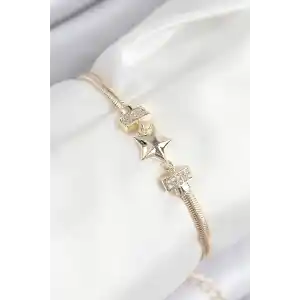 Pirinç Zirkon Taşlı Yıldız Model Gold Renk Kadın Bileklik