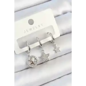 Pirinç Zirkon Taşlı Yıldız Model Gümüş Renk 3lü Çift Kadın Küpe Set