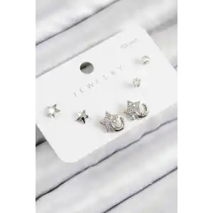 Pirinç Zirkon Taşlı Yıldız Model Gümüş Renk 925 Ayar Gümüş Çivi Kadın Küpe Set