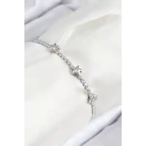 Pirinç Zirkon Taşlı Yıldız Model Gümüş Renk Asansörlü Kadın Bileklik