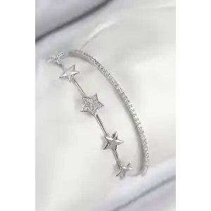 Pirinç Zirkon Taşlı Yıldız Model Gümüş Renk Kadın Bileklik