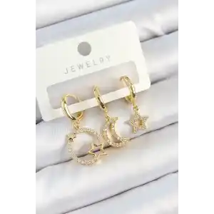 Pirinç Zirkon Taşlı Yıldız Ve Ay Model Gold Renk 3lü Kadın Küpe Set