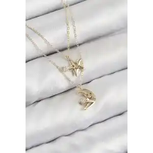 Pirinç Zirkon Taşlı Yıldız Ve Ay Model Gold Renk Kadın Kolye