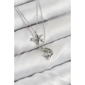 Pirinç Zirkon Taşlı Yıldız Ve Ay Model Gümüş Renk Kadın Kolye