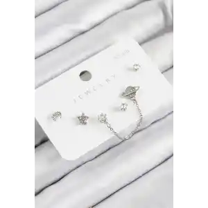 Pirinç Zirkon Taşlı Yıldız Ve Gezegen Model Gümüş Renk 925 Ayar Gümüş Çivi Kadın Küpe Set