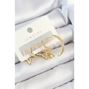 Pirinç Zirkon Taşlı Yıldız Ve Halka Model Gold Renk 3lü Çift Kadın Küpe Set