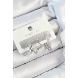 Pirinç Zirkon Taşlı Yıldız Ve Halka Model Gümüş Renk 3lü Çift Kadın Küpe Set