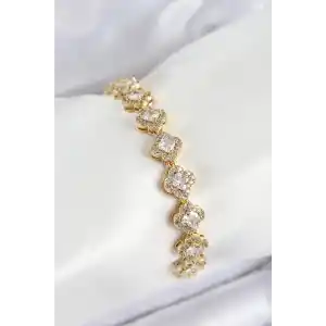 Pirinç Zirkon Taşlı Yonca Baget Model Gold Renk VIP Seri Kadın Bileklik