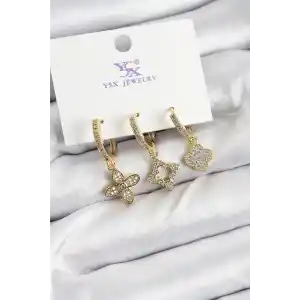 Pirinç Zİrkon Taşlı Yonca Model Gold Renk 3lü Kadın Küpe